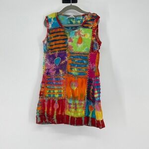 MED Colorful Tie Dye Patchwork Sleeveless Dress Kids Size 6‎ Boho Hippy Handmade